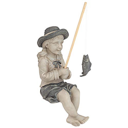 Design Toscano Big Catch Fisherwoman Nellie Girl with Fishing Pole Garden Statue, Medium 17 Inch Tall, Cast Stone Resin, Two Tone Stone Finish - color: Medium Nellies Big Catch