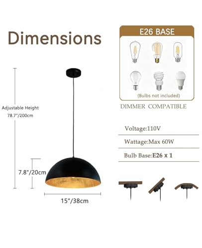 15Inch Kitchen Island Pendant Light-Matte Black with Gold Leaf Interior, Dome Chandelier for Dining Table, Bar, Cafe - size: 15" Dome
