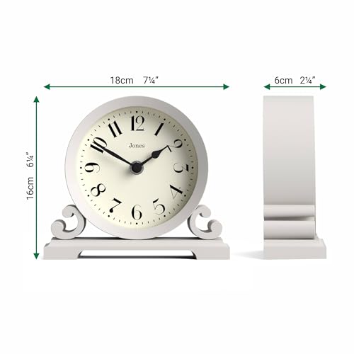 JONES CLOCKS® Saloon Mantel Clock | Small Traditional Double Scroll Design | Gray | Contemporary Classic Style for Desk, Table, Shelf or Bedside - color: Cloud Grey