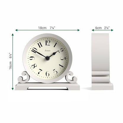 JONES CLOCKS® Saloon Mantel Clock | Small Traditional Double Scroll Design | Gray | Contemporary Classic Style for Desk, Table, Shelf or Bedside - color: Cloud Grey