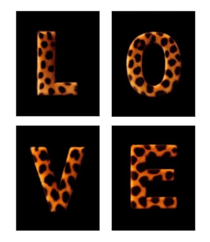 BWDDWB Leopard Print Wall Art 'LOVE' Sign, Furry Textured Canvas Posters Prints, Modern Black and Orange Home Decor for Living Room Bedroom Valentine's Day Gift 16" L x 12" W Set of 4 Unframed - color: Love Leopard, size: 16"L x 12"W