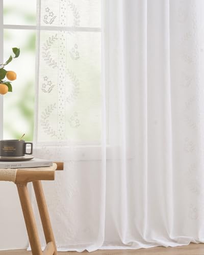 jinchan Floral Linen Curtains, Back Tab 50x96 Inch, 2 Panels White - color: S | White, size: 50"W x 96"L (Pack of 2)