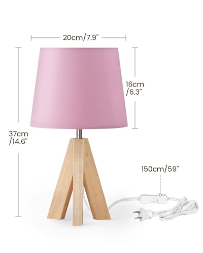 Pink Table Lamp, Small Tripod Table Lamp, Boho Bedside Lamp with Pink Linen Shade & Wood Base, Modern Nightstand Lamps, Little Cute Desk Lamp for Girls Room, Kids Room, Bedroom, P51TL05 - color: Pink+Natural Wood