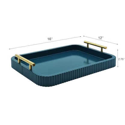 Rectangle Modern Wood Serving Tray with Metal Handles, High Gloss Teal Finish, 16x12 Inch Coffee Table Ottoman Tray for Storage and Display (Teal) - color: Teal