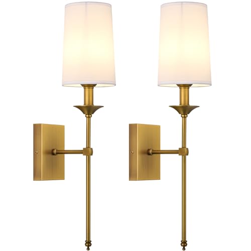 Hardwired Wall Sconces Set of 2, Mid Century Candlestick Style Wall Mounted Sconce with Pure White Cylindrical Shade and Long Slim Stem,for Bathroom Bedroom Living Room - color: Antique Brass