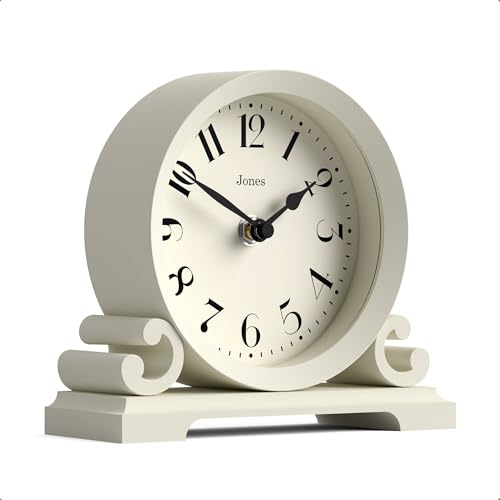 JONES CLOCKS® Saloon Mantel Clock | Small Traditional Double Scroll Design | Pale Cream | Contemporary Classic Style for Desk, Table, Shelf or Bedside - color: Linen White