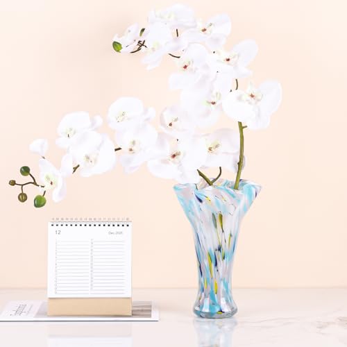 9.0" H Blue White Glass Vases for Flower, Unique Hand Blown Glass Vase - color: Multicolor Blue