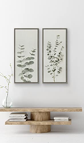 Kate and Laurel Eucalyptus Botanical I Framed Linen Textured Canvas Wall Art by The Creative Bunch Studio; 18x40 Gray; Decorative Plant Art - color: Gray