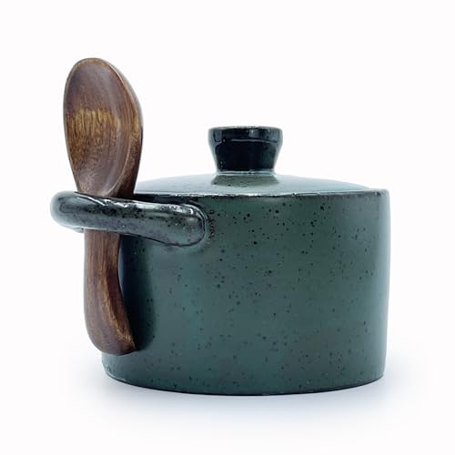 8 oz Ceramic Salt Cellar with Lid & Wooden Spoon,Countertop Salt Container,Sugar Bowl,Spices Jar| Artisan Kitchen Decor(Green) - color: Green A