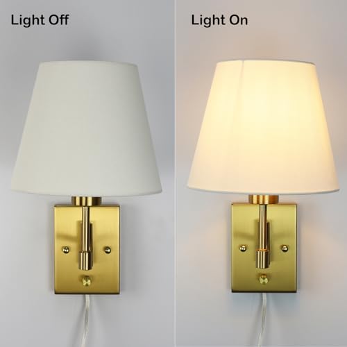 SAMTEEN Modern Gold Plug in Wall Sconces with Linen Shade Set of Two - color: Gold