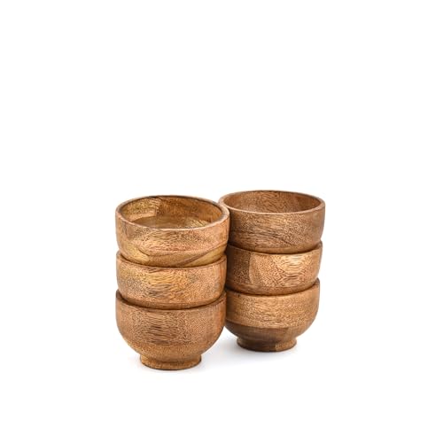 Bowl Set Mango Wood Round Wooden Serving Bowls for Dips, Sauces, Nuts, Spices - Mini Decorative Dishes (3" x 3" x 2") (Set of 6)
