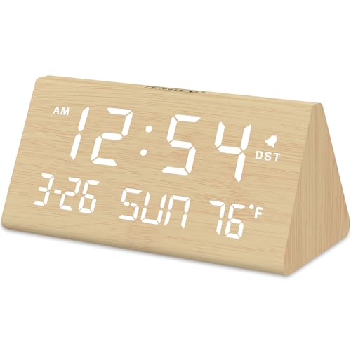 DreamSky Digital Alarm Clock for Bedrooms - Wooden Desk Clock with Date - color: Bamboo