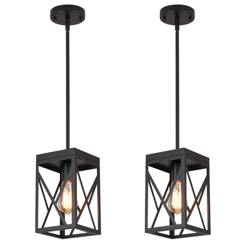 2 Pack Rustic Farmhouse Metal Pendant Light Fixture One-Light Adjustable Rods Modern Metal Lantern Cage Small Pendant Lighting for Kitchen Island Sink Hallway Bathroom Bar Farmhouse, Black - size: Small 2 pack