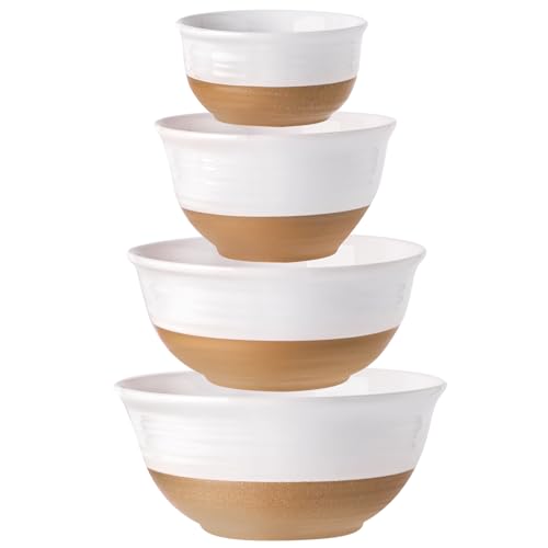 HASENSE Ceramic Serving Bowls Set of 4, 2.1/1.5/1.0/0.5 Qt White & Terracotta Stoneware Mixing Bowls, Farmhouse Bowls for Cooking, Prepping, Salad & Soup, Dishwasher & Microwave Safe, Serving Dishes - color: White, size: 84+65+40+20 oz