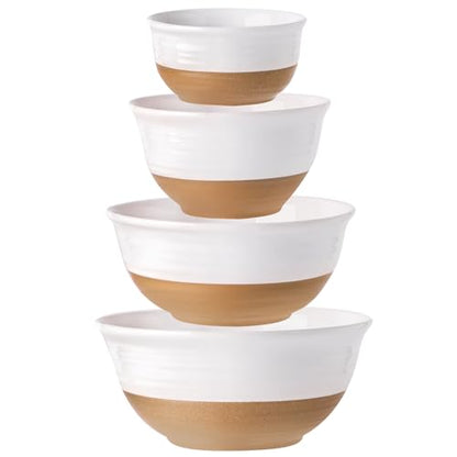 HASENSE Ceramic Serving Bowls Set of 4, 2.1/1.5/1.0/0.5 Qt White & Terracotta Stoneware Mixing Bowls, Farmhouse Bowls for Cooking, Prepping, Salad & Soup, Dishwasher & Microwave Safe, Serving Dishes - color: White, size: 84+65+40+20 oz