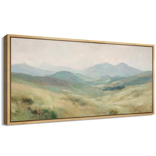 MUDECOR Extra Large Framed Canvas Print Wall Art Soft Pastel Rolling Hills Peaceful Misty Landscape Illustrations Antique Retro Fine Art Illustrations Decorative Colorful for Bedroom - 60"x30" - color: AB06-2508-MAY07, size: 60"L x 30"W