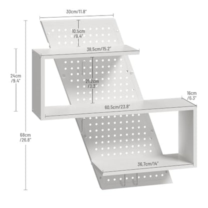 S-Shaped Gaming Floating Shelf with LED Light Strip, 3 Tier Wall Floating Shelf with Pegboard & 4 Removable Hooks, for Bedroom, Game Room, Living Room, Study, White - color: White