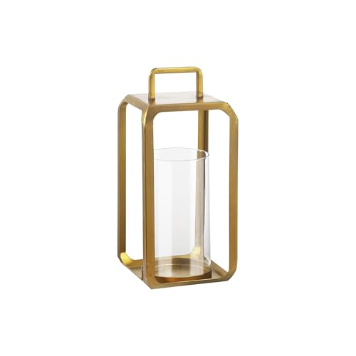 12" High Minimalist Metal Glass Lantern with Handle in Antique Brass for Pillars, Hurricane Candle Holder for Mantels, Tabletop, Centerpieces, Shelves, Entryways, Patio, Deck, Contemporary, Farmhouse - size: 12"