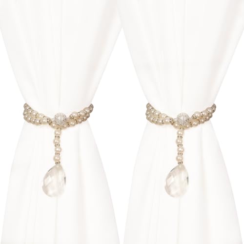 Shower Curtain Tie Backs 2 Pack Magnetic Pearl Crystal Decorative Ties