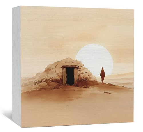 Christian Jesus Wooden Box Signs, Christian Home Room Decor, Neutral Religious Jesus the Empty Tomb Wood Sign Home Decor for Bedroom Church Desk Table Shelf 5x5 Inch - color: Tomb-Sunset
