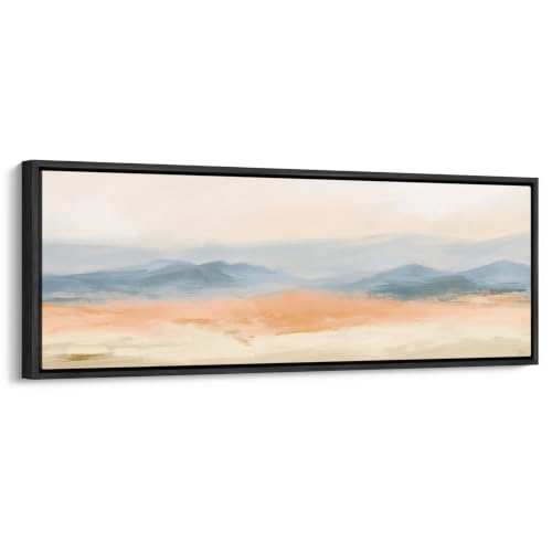 wall26 Large Framed Wall Art Canvas Print - Neutral Peach Blue Abstract Mountain - Contemporary Artwork for Living Room Bedroom Office - 60"x20" Black - color: A07-2607-YUK20, size: 60"L x 20"W, style: Black Frame