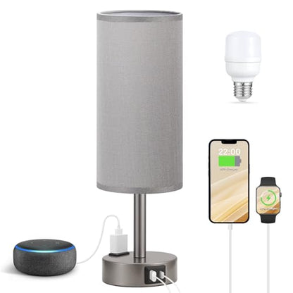 Fenmzee Grey Bedside Lamp for Bedroom, Dimmable Touch, USB A+C, AC Outlet - color: Grey - Grey, size: 14"