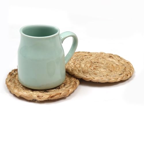 Round Jute Placemats Coasters Set of 8 Natural Braided Cotton Table Mats - size: 13" Round / 4" Round