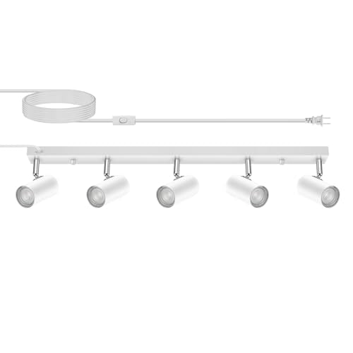 AUQUEE 5 Light Track Lighting Kit,30'' White Modern Plug in Ceiling Spotlight,Industrial LED Wall Light for Kitchen Cabinet Gallery Bar Hallway Living Room,Rocker Switch,15 Foot Cord(No Bulb) - color: 5 Light-White