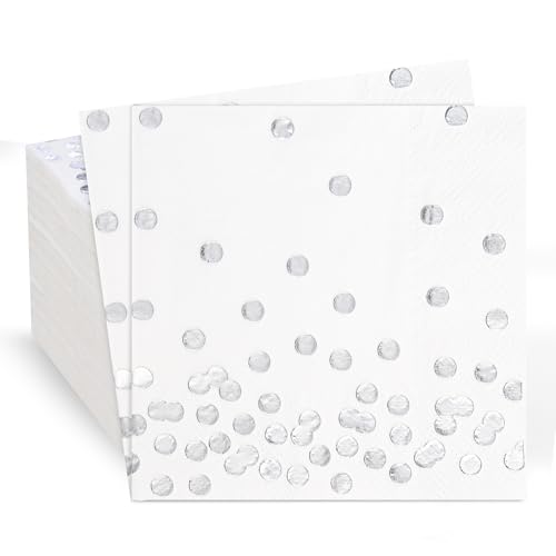80 Pack of White Paper Cocktail Napkins with Gold Foil Polka Dot Confetti，Polka Dot Party Supplies(5 x 5 in，3-ply) (Silver) - style: Silver Dot