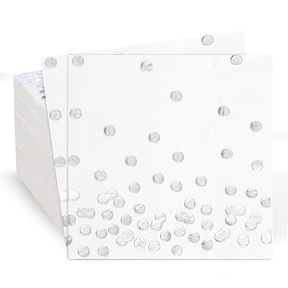 80 Pack of White Paper Cocktail Napkins with Gold Foil Polka Dot Confetti，Polka Dot Party Supplies(5 x 5 in，3-ply) (Silver) - style: Silver Dot