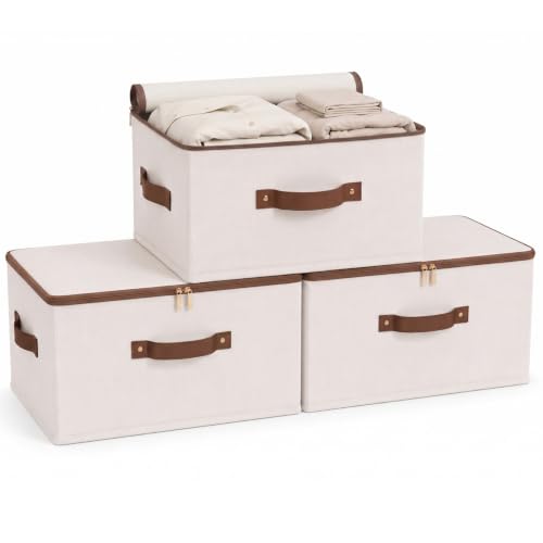 Tuza 3 Pcs Rigid Storage Bins with Zipper Lid, Cotton Linen Fabric Storage Boxes, Foldable Shelves Clothes Storage Cubes with Handles for Wardrobe, Closet(Beige, 56L) - color: Beige, size: XXL-56L