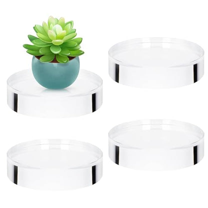 4 Pack Acrylic Round Display Blocks, 4 x 4 x 1 Inch Acrylic Base Stand for Display, Clear Polished Round Pedestal Stand Riser Cylinder Trophy Base for Table Showing