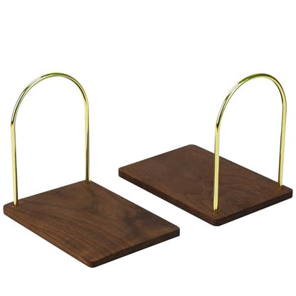 Buqoo Book Ends for Shelves, Handmade Walnut Wood Bookends with Metal - color: Walnut Brown