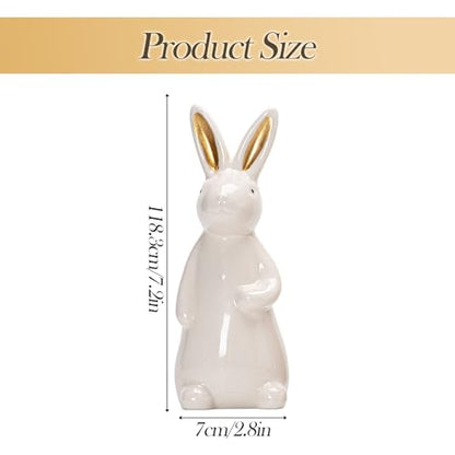 White Ceramic Bunny Figurine, 7.2 Inches Easter Bunny Statue, 1 Pcs Spring Easter Decor for Table Centerpiece, Mantel, Shelf, Windowsill Home Decor (Gold Ears)