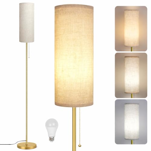 Ldeco Modern Floor Lamp for Living Room, Gold Standing Lamps with 3 Color Temperatures Bulb, Minimalist Tall Lamp with Chain Switch for Bedroom, LED Bulb Included(Beige Shade+Gold) - color: Gold Pole+Beige Shade