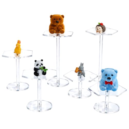 FINGERINSPIRE 6 Pcs Hexagon Acrylic Display Stands 3 Height Clear Acrylic Round Base Stands for Miniatures Collectibles Showcase Stackable Transparent Pedestal Display Platforms for Tabletop Display