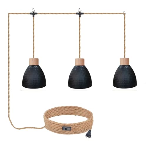 3-Light Plug in Pendant Light 22FT Industrial Hanging Lamp with Twisted Hemp Rope Independent Triple Switch Hanging Light Chandelier for Dining Room Kitchen, Black Finish - color: A 3 Lights