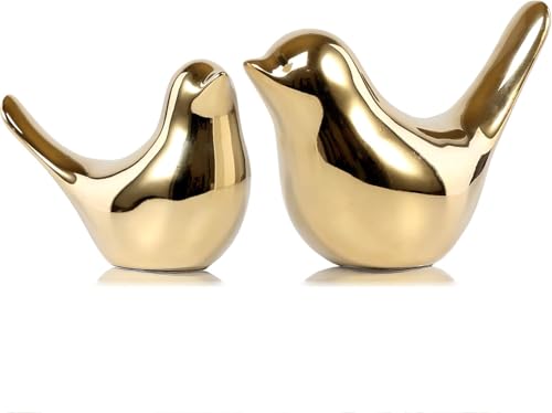 Set of 2 Gold Bird Statues Modern Abstract Ceramic Bird Figurines Small & Large Golden Bird Sculptures Minimalist Decorative Bird Ornaments for Home Living Room Shelf Office Table