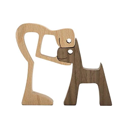 Unique Gift Hand Carved Wood Human & Dog Statue Figurine Sculpture Home Office Decor, Wooden Man & Dog Carving Model to Remember Friendship Between People & Pets (C) - color: C