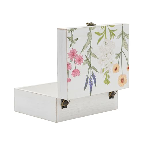 Small Decorative Box with Hinged Lid Wooden Handmade Keepsake Storage Box Floral Printed Jewelry Box Rustic Trinket Box - 7.9 x 6.5 x 3.4 Inches