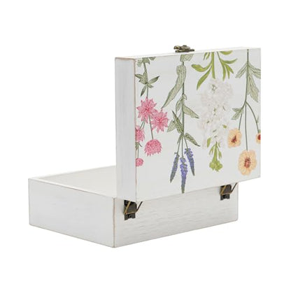 Small Decorative Box with Hinged Lid Wooden Handmade Keepsake Storage Box Floral Printed Jewelry Box Rustic Trinket Box - 7.9 x 6.5 x 3.4 Inches