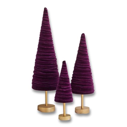 Plum Pedestal Velvet Trees Set of 3, Handcrafted in USA, Purple Mantel Accent, Valentine Tabletop, Winter Wedding Centerpiece, Elegant Entryway (Plum) - color: Plum