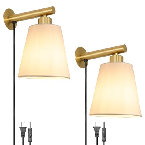Gold Plug-in Wall Sconces Set of 2, Bedside Lamps With Fabric Linen Shade, Brass Gold Wall Sconce With Cord, Wall Decor Bedroom Lights for Living Room Hallway Porch - color: Gold, size: 6.3in-A