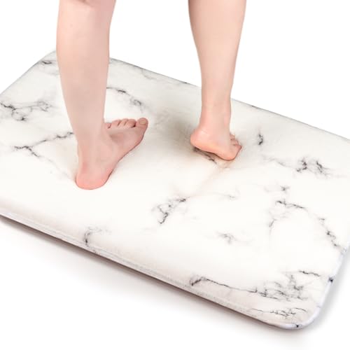 Memory Foam Bath Rug, Extra Thick Fluffy Bathroom Mat, Cashmere-Like Plush Microfiber, Super Water Absorbent Quick Dry, Non Slip Bath Mat for Bathroom Floor, Shower Tub, Marble Home Decor - color: Marble White, size: 1'4" x 2' (Oblong)