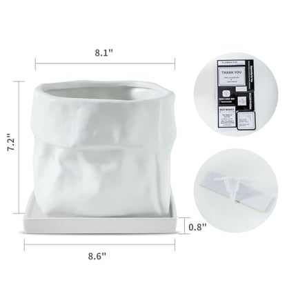 Nihow 8 Inch Ceramic Plant Pot with Drainage & Square Saucer,White - color: White, size: 8 Inch