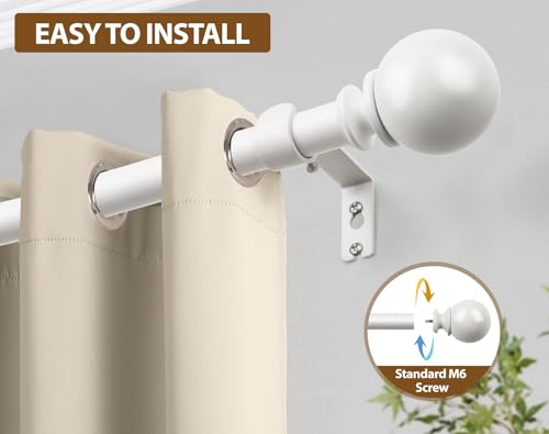 KAMANINA 7/8 Inch White Curtain Rod 72 to 144 Inch with Round Finials - color: Ivory White, size: 72-144"