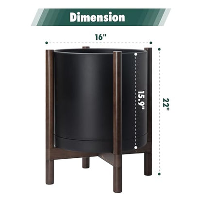 D'vine Dev Plastic Pot with Walnut Wood Stand, Black, 16 in, 55-C-X-2 - color: Matte Black Pot + Walnut Color Stand, size: 16 Inch