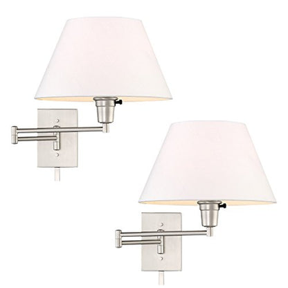 Kira Home Cambridge 15" Modern Swing Arm Wall Sconce + 3-Way Switch, 2-Pack - color: Brushed Nickel,White Shade,2-Pack