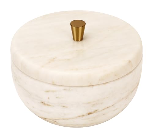 White Marble Storage Box with Copper Knob – Round Decorative Organizer for Jewelry, Trinkets, Bathroom or Office – Natural Marble with Soft Padded Bottom, 5" Diameter x 3.7" H, 3.3 lb