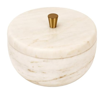 White Marble Storage Box with Copper Knob – Round Decorative Organizer for Jewelry, Trinkets, Bathroom or Office – Natural Marble with Soft Padded Bottom, 5" Diameter x 3.7" H, 3.3 lb